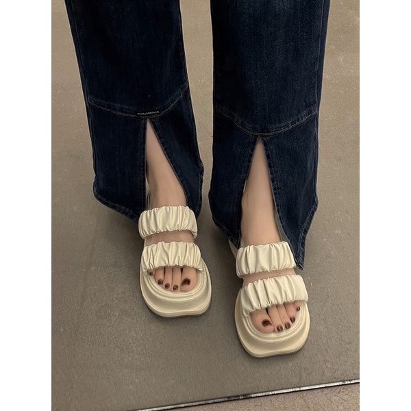 Dép nữ quai nhăn ulzzang đế cao 5cm mũi vuông