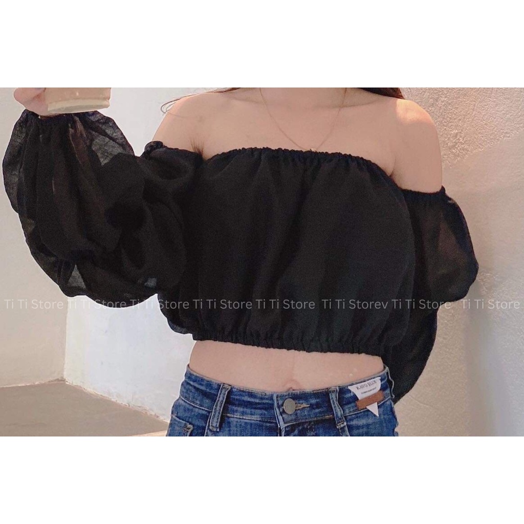 Áo trễ vai tay rời chun tay co giãn 2 màu đen trắng cho nữ, Áo trễ vai croptop tay bồng | BigBuy360 - bigbuy360.vn