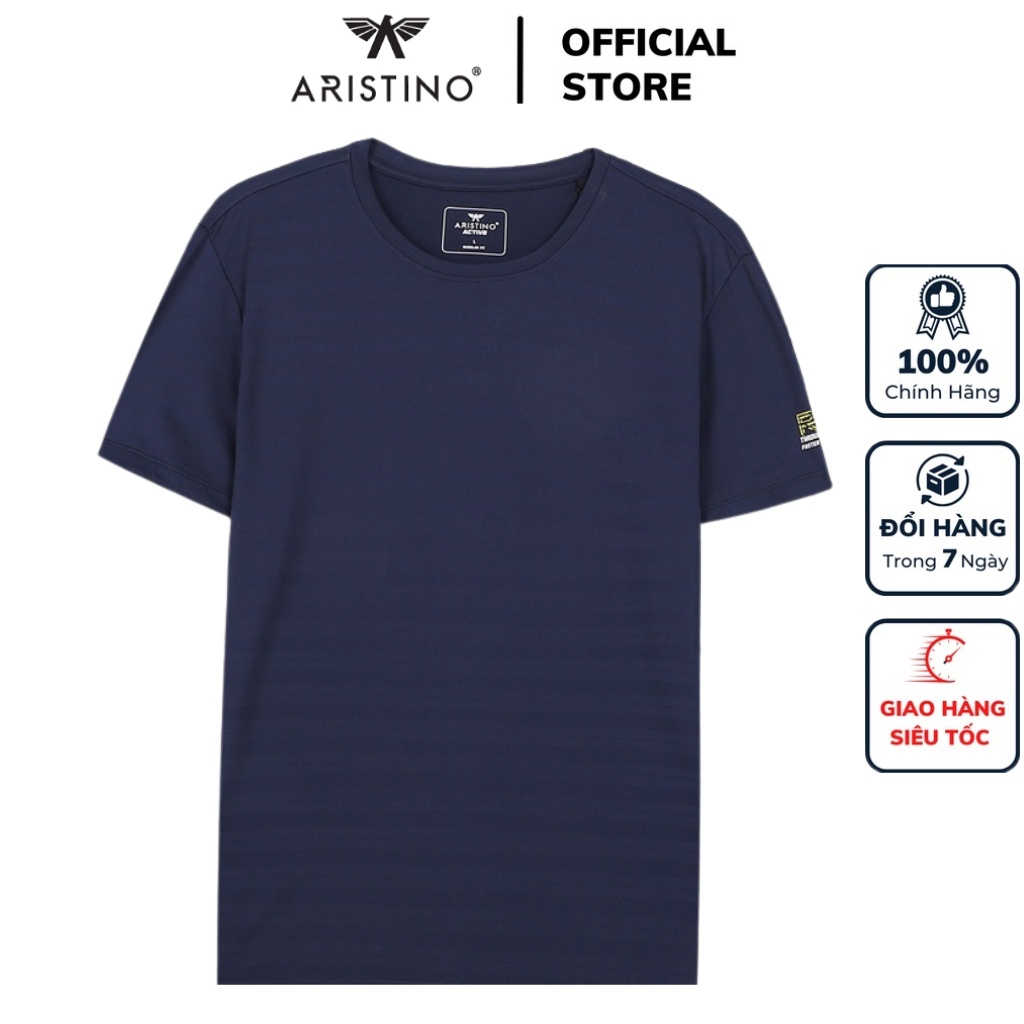 Áo thun nam ngắn tay cổ tròn Aristino ATS033S2 phông T-shirt polyester dáng suông nhẹ màu xanh tím than kẻ chìm