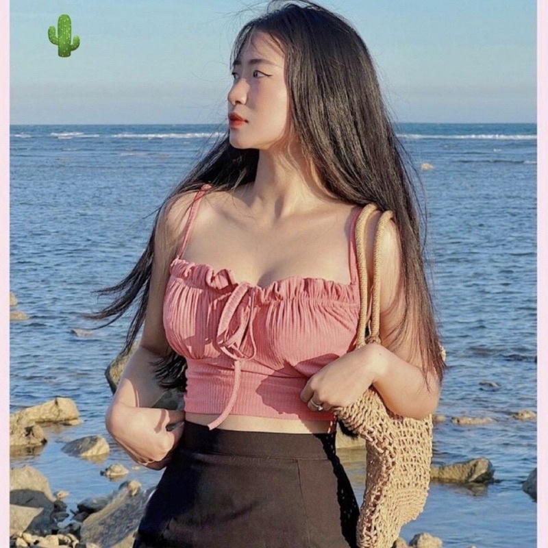 Áo croptop nữ dáng ôm thắt nơ có đệm ngực, áo 2 dây tiểu thư dễ thương