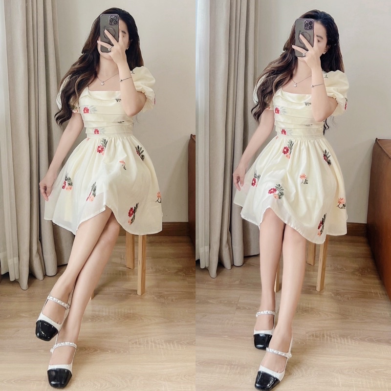 Cattybigsize Đầm Hoa Nhí Xếp Ly Ngực Dáng Xoè Cổ Vuông Tay Phồng Bigsize Nữ 55-95kg