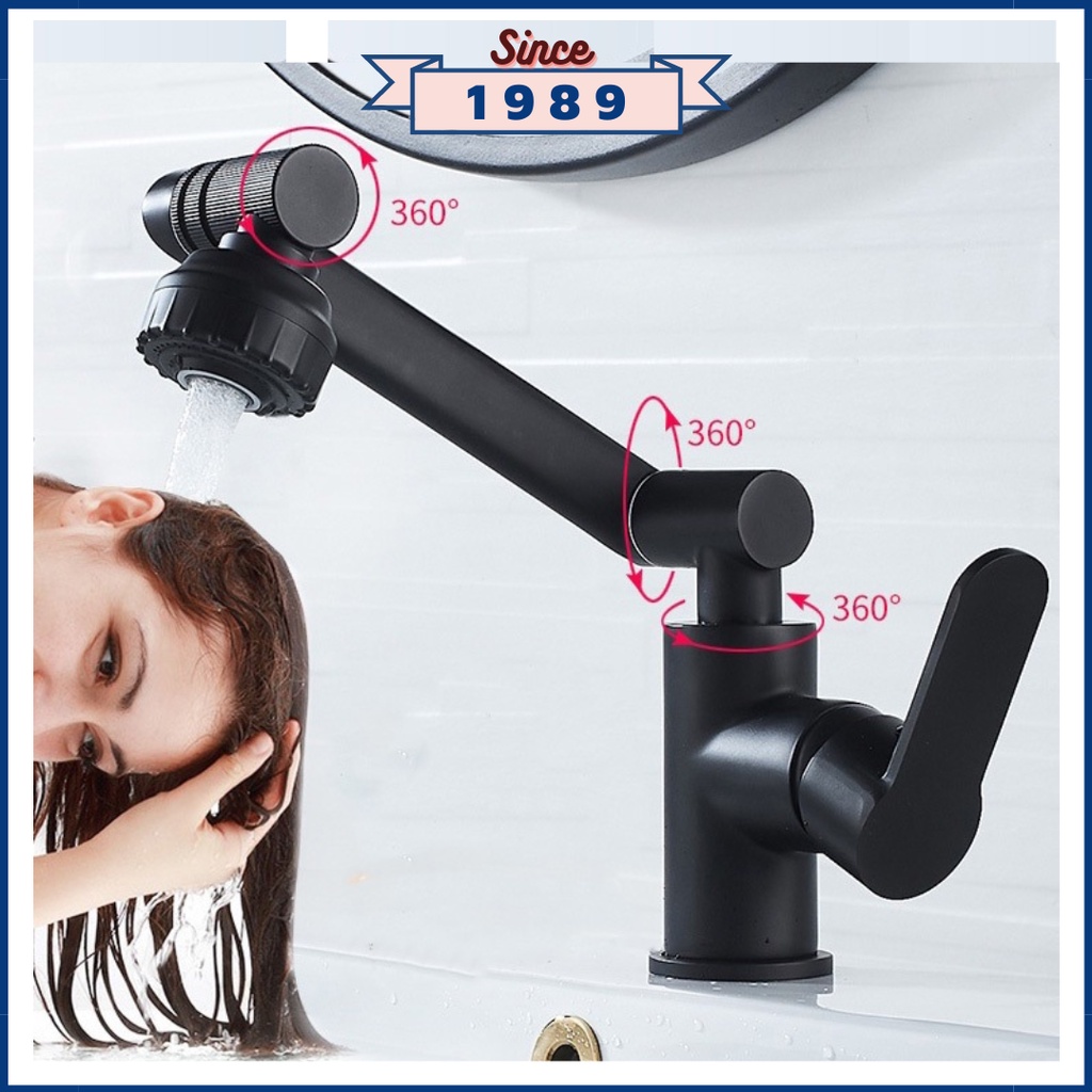 Vòi lavabo, chậu rửa mặt nóng lạnh Inox 304 xoay 720 độ,8 hướng xoay linh hoạt màu đen tặng dây cấp nước - VR067B2