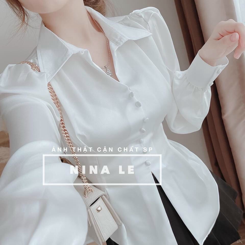 ÁO SƠ MI SATIN SIÊU HOT, ÁO SƠ MI LỤA TAY PHỒNG, ÁO KIỂU SƠ MI XẺ TÀ CỘT NƠ SAU SANG CHẢNH