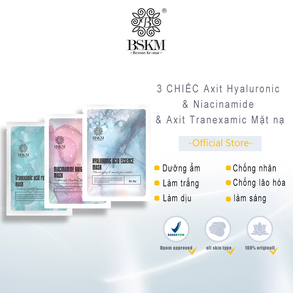 Set 3 mặt nạ axit hyaluronic niacinamide BSKM dưỡng ẩm làm trắng da