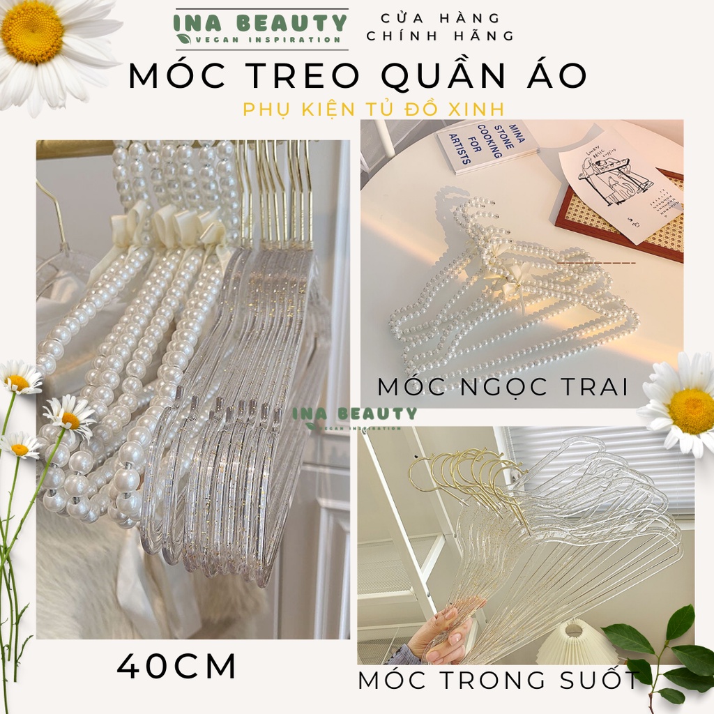 Móc Treo Quần Áo Nhựa Đính Ngọc Trai Giả, Trong Suốt, Phụ Kiện Tủ Quần Áo, Trang Trí Đẹp
