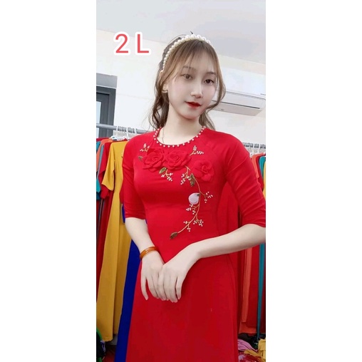 [Ảnh thật} Áo dài đỏ đính hoa nổi chất vải lụa mỹ loại 1 kèm quần cùng màu
