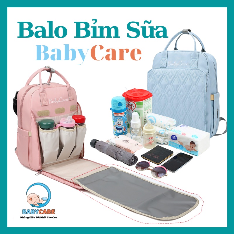 Balo Bỉm Sữa Đa Năng BabyCare - Túi Đựng Bỉm Sữa Cao Cấp 2 Trong 1 Kèm Lót Ngồi, Thay Tã Bỉm Cho Bé BabyCare