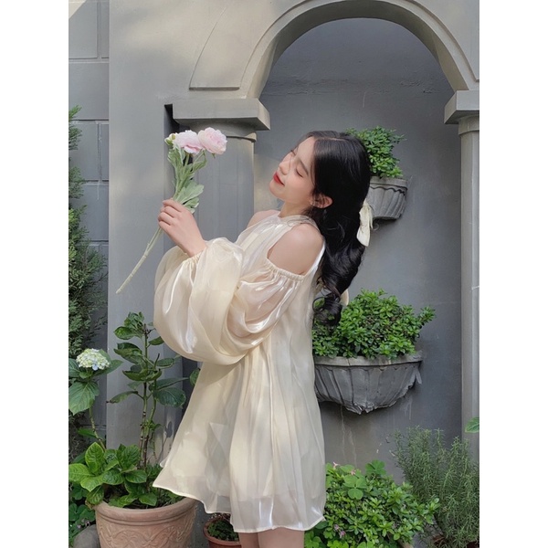 Sakura Dress - Áo / Váy babydoll nữ thiết kế hở vai cổ yếm voan organza dáng xòe tay dài bồng kỷ yếu có bigsize