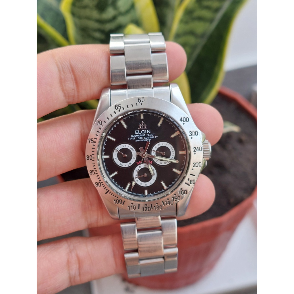 Đồng hồ nam Elgin 6 kim mặt đen chạy pin hàng Si