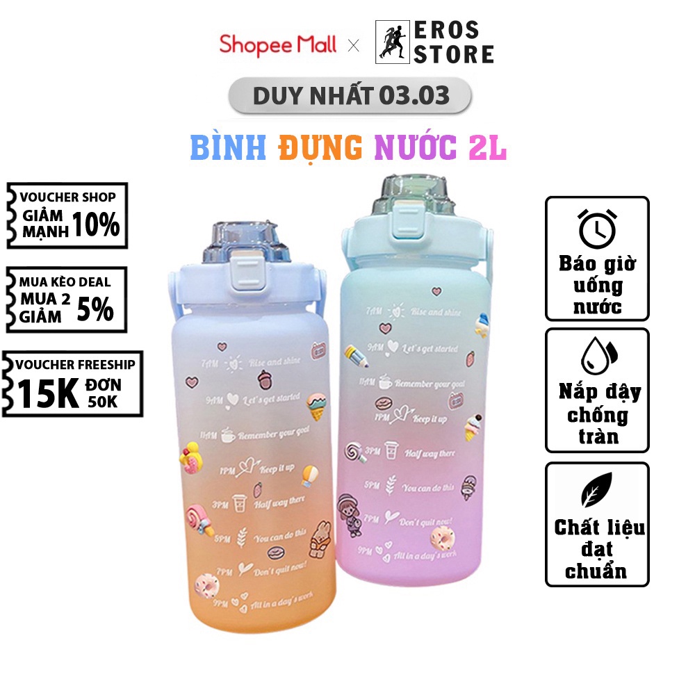 Bình Đựng Nước 2L Có Vạch Báo Giờ Uống Nước, Bình Đựng Dễ Thương Nhắc Uống Nước Chính Eros Store