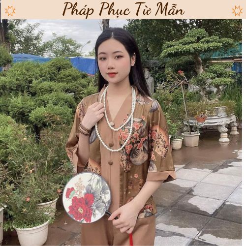 Đồ lam đi chùa nữ cổ V 3 cúc bọc Pháp phục đi chùa Bộ đi lễ lụa vân gỗ mềm mịn, dáng xuông