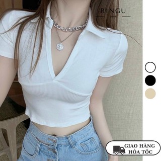 Áo croptop kiểu viền nổi cổ áo polo chất thun gân mềm mịn- Ringu shop