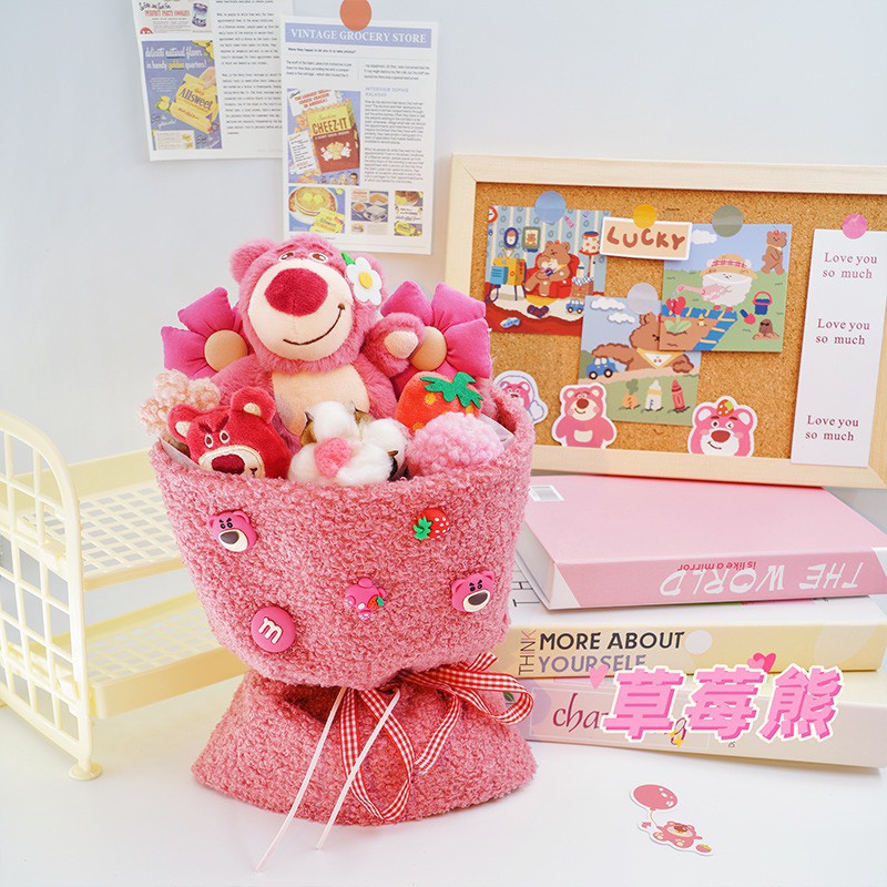 ( SẲN HÀNG ) Bó hoa gấu dâu lotso xinh xắn làm quà tặng sinh nhật, quà sinh nhật 14/2, 8/3 có kèm túi + thiệp