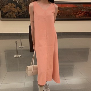Váy linen PAAES dáng chữ A màu hồng san hô [ảnh thật]