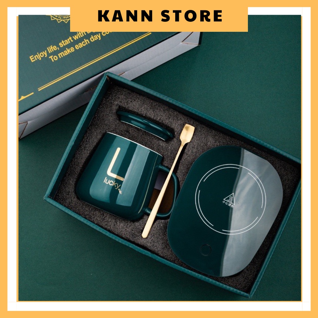 Cốc Hâm Nóng đồ uống kèm đế điện, Bộ ly sứ kèm đế điện hâm nóng trà, cafe, hâm sữa + Tặng kèm thìa vàng, hộp sang trọng
