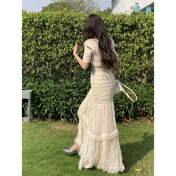 Set áo len cộc tay YIMI kèm chân váy xòe dài tua rua