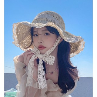Mũ Cói nữ đi biển, nón cói vành rộng gấp gọn phối nơ ren phong cách Vintage M1 PinkSalt