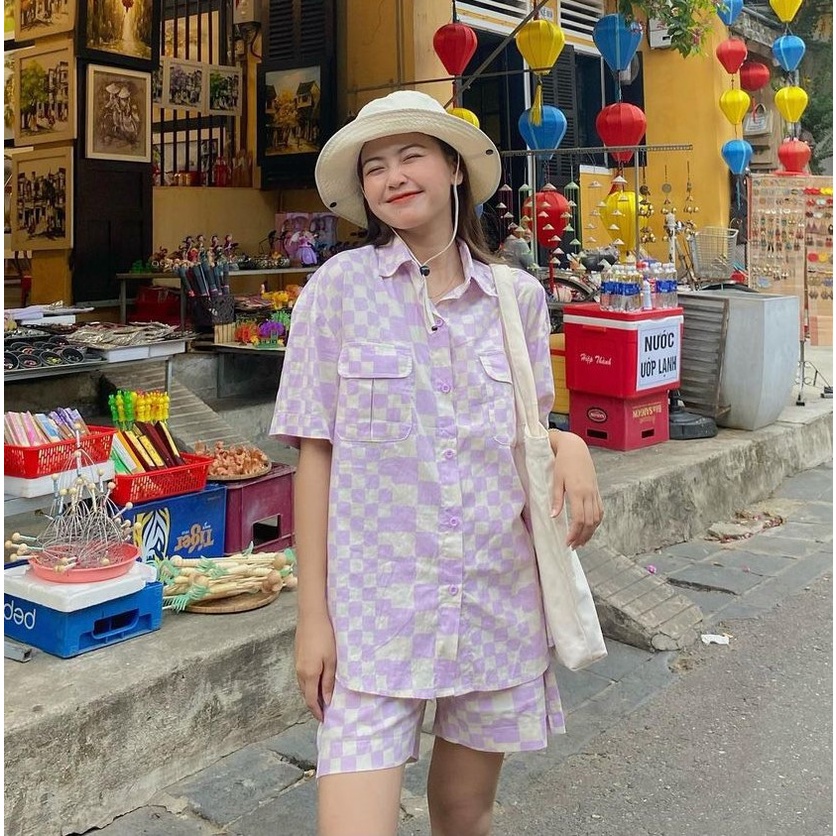 Set Đồ Local Brand Usthebasic - Checkerboard Pocket Áo Sơ Mi & Quần Short Lưng Thun [CHÍNH HÃNG]