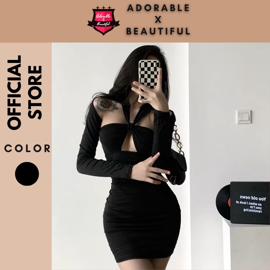 Đầm Body Kiểu Cut Out Thun Đen Hở Lưng Sexy,Váy Ôm Tay Dài Xẻ Trễ Vai Đi Tiệc Sang Trọng [AdorablexBeautiful]