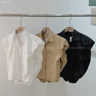 Áo sơ mi ba lỗ vai phồng eo chun nhún form vừa