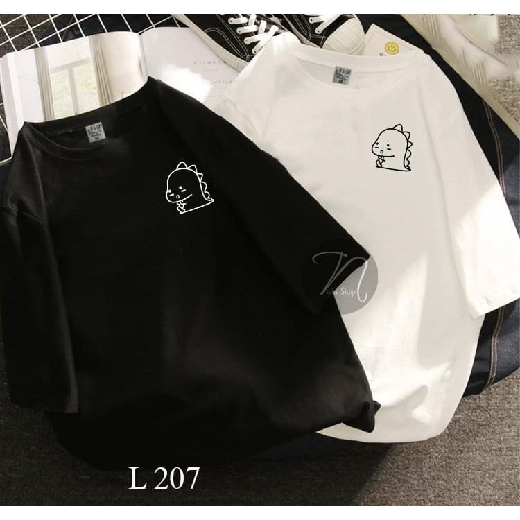 Áo thun nữ logo khủng long,áo phông cotton su chất trơn unisex form dáng thụng rộng tay lỡ chất màu đen trắng