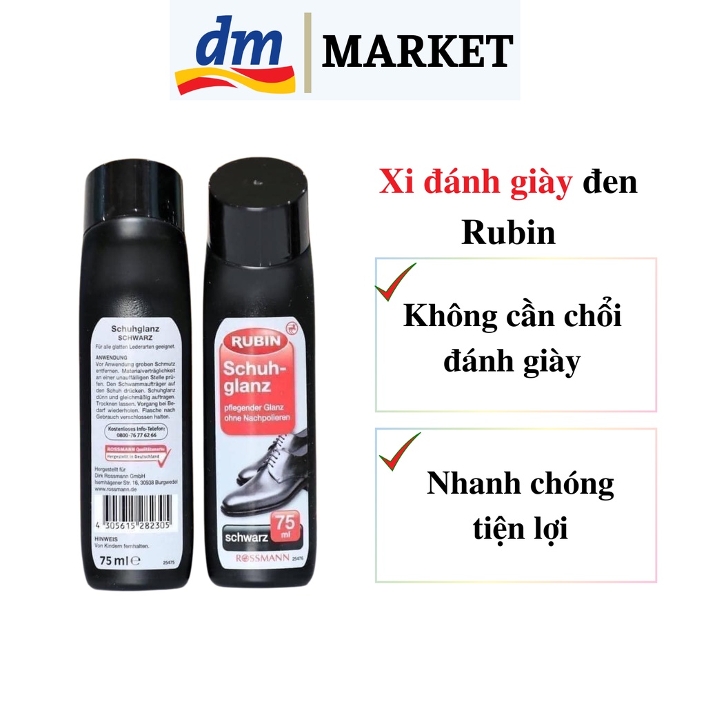 Xi đánh giày đen Rubin ko cần chổi, chai 75ml, hàng đức
