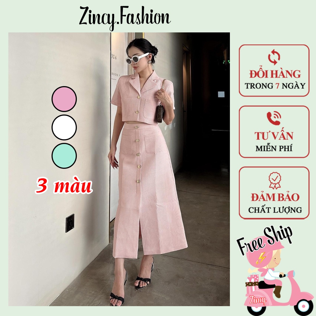 Set đồ nữ sang chảnh áo croptop chân váy dài công sở phối cúc, set tiểu thư Zincy SAVDX002