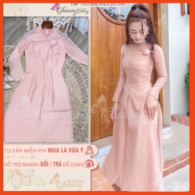 [Ảnh thật} Áo dài cách tân nữ Tú Lệ hồng đỏ đô Chaang may sẵn lụa tơ xẻ 4 tà đính hoa nơ dự tiệc cưới lễ tết đẹp ADC687