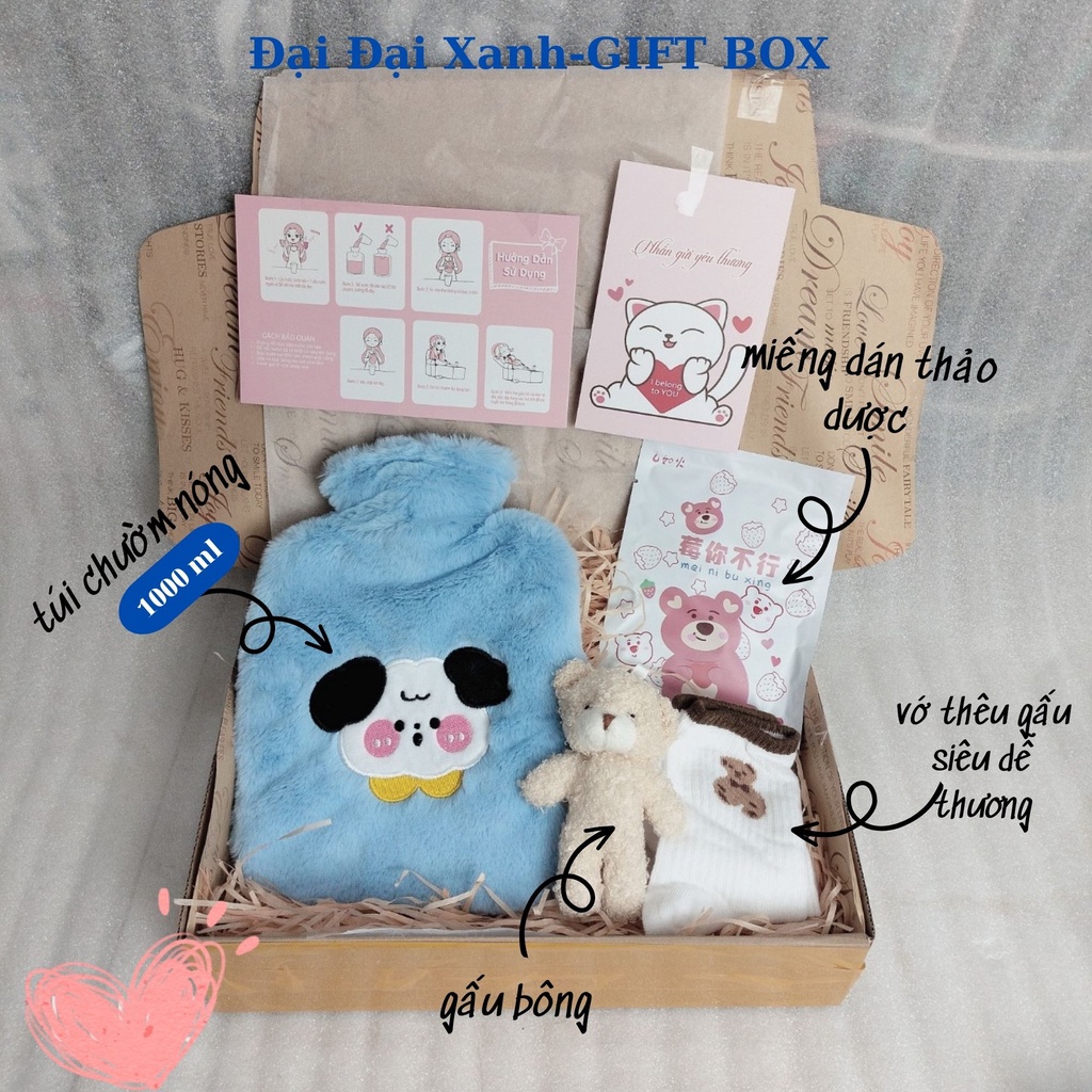 Box quà tặng bạn gái combo 5 món túi chườm nóng 500ml nhung mềm dễ thương