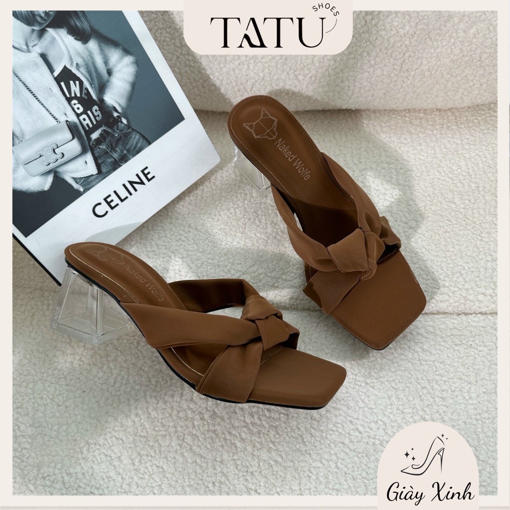 Guốc nữ cao gót cao 5cm quai ngang họa tiết nơ rút chất vải Jean thiết kế sang trọng, thời trang TATU SHOES | H5U