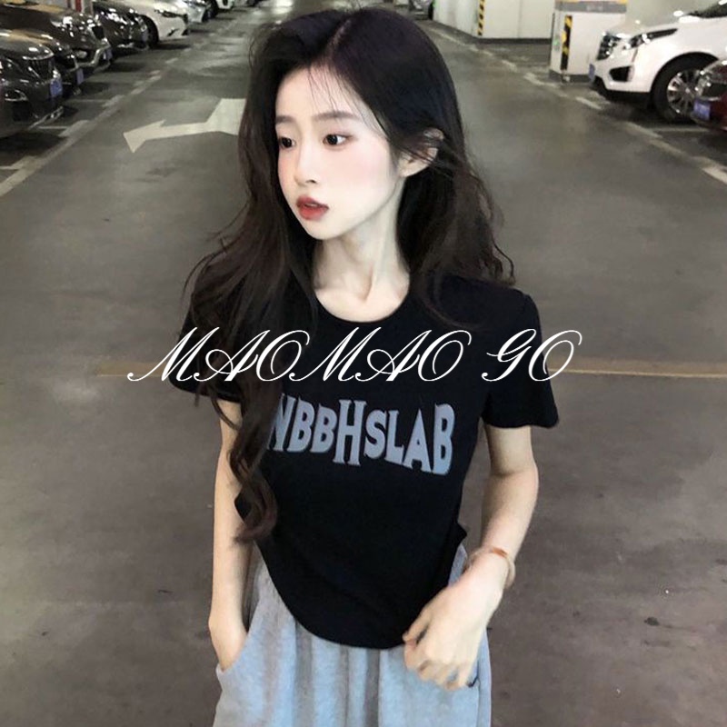Maomao GO Áo Thun Ngắn Tay Cổ Tròn In Chữ Phong Cách Mỹ Cho Nữ