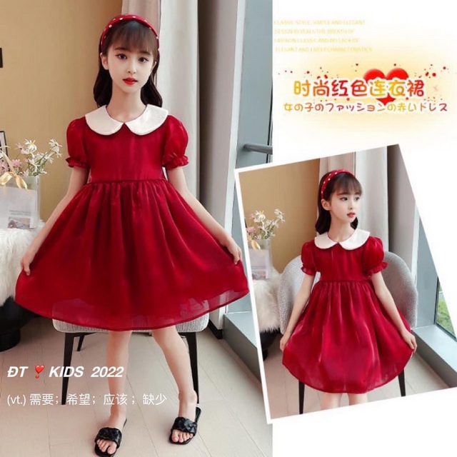 7-20kg Đầm tơ đỏ cổ be kèm cài tóc cho bé gái