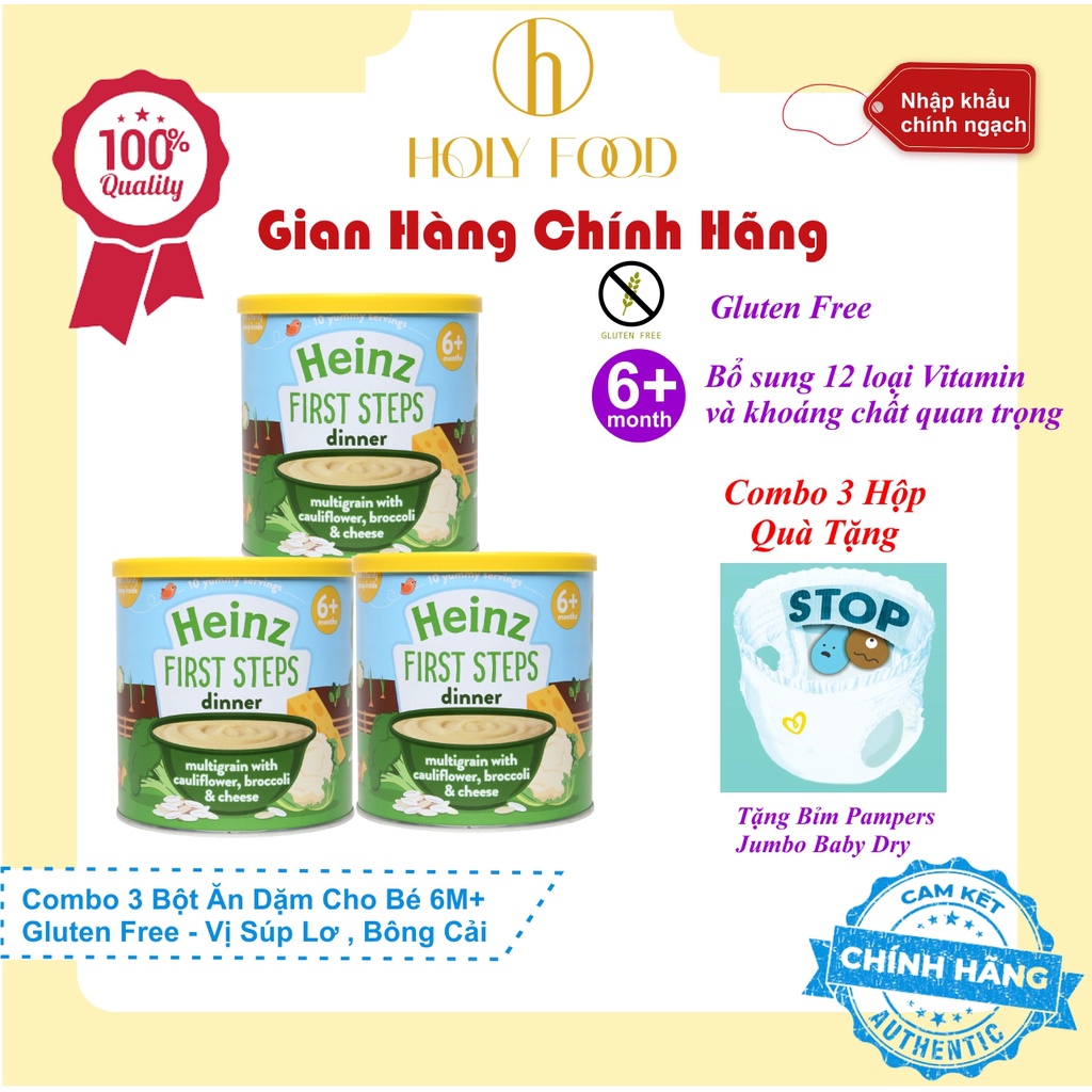 Combo 3 Bột Heinz Vị Ngũ cốc, Súp lơ, Bông cải và Phô mai cho bé ăn dặm từ 6 tháng tuổi - Kèm Quà Tặng