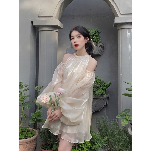 Sakura Dress - Áo / Váy babydoll nữ thiết kế hở vai cổ yếm voan organza dáng xòe tay dài bồng kỷ yếu có bigsize