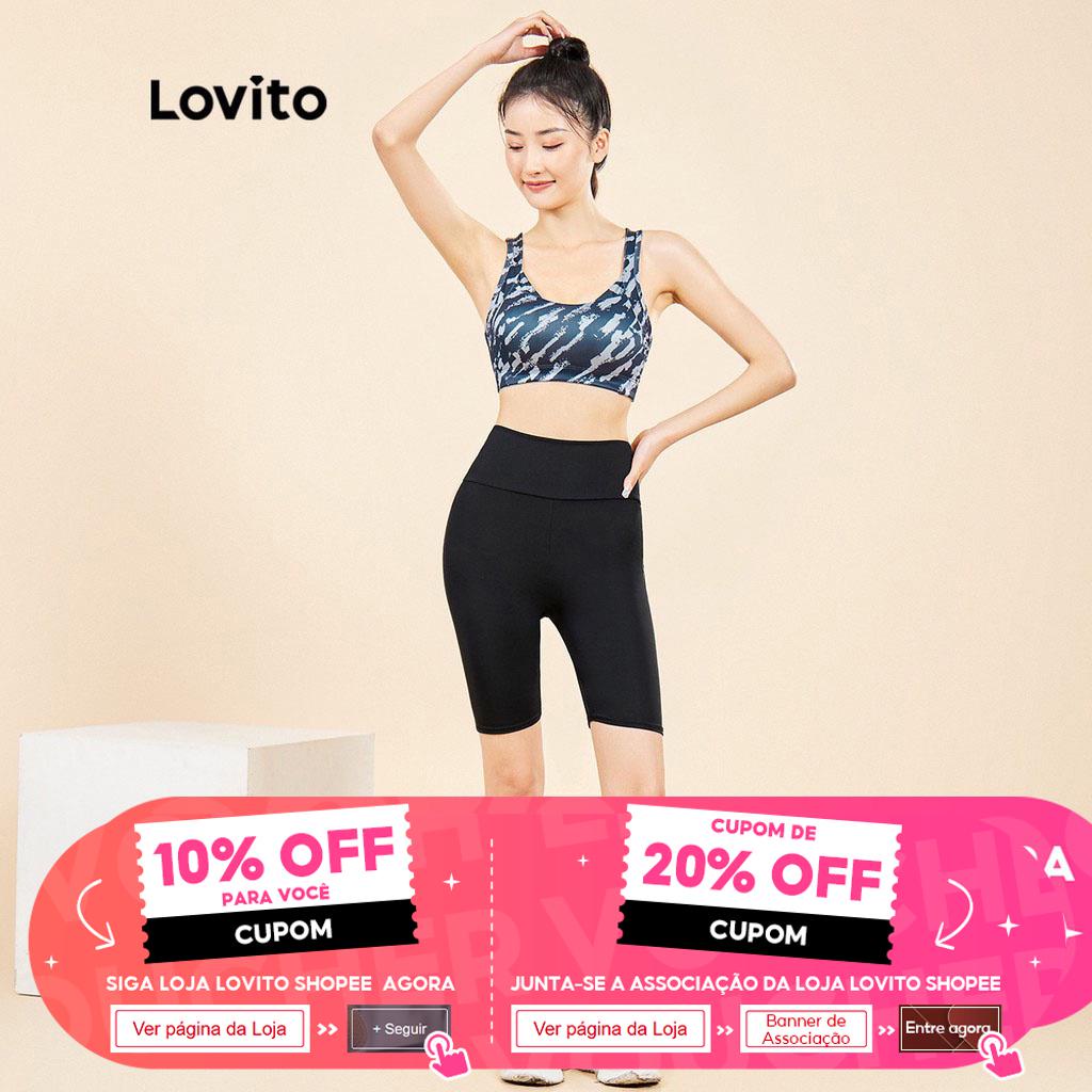 Quần đùi legging Lovito lưng cao nâng mông màu trơn họa tiết xếp nếp phong cách thể thao L15X158 (Màu đen)