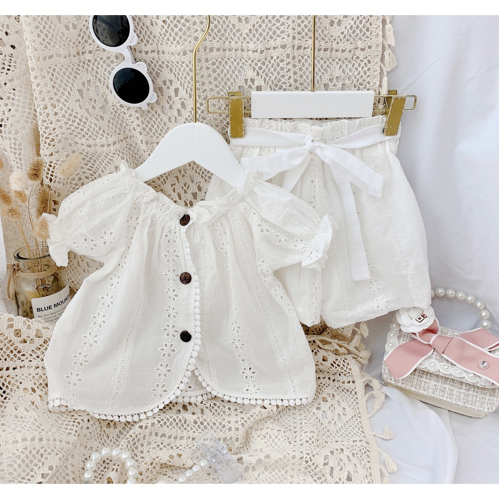 Set bé gái POPPY KIDS vải ren chất thô mềm họa tiết hoa mùa hè cân nặng  BG006
