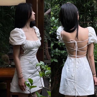 ĐẦM TRẮNG CỔ VUÔNG NHÍU NGỰC HỞ ĐAN DÂY LƯNG 🤍