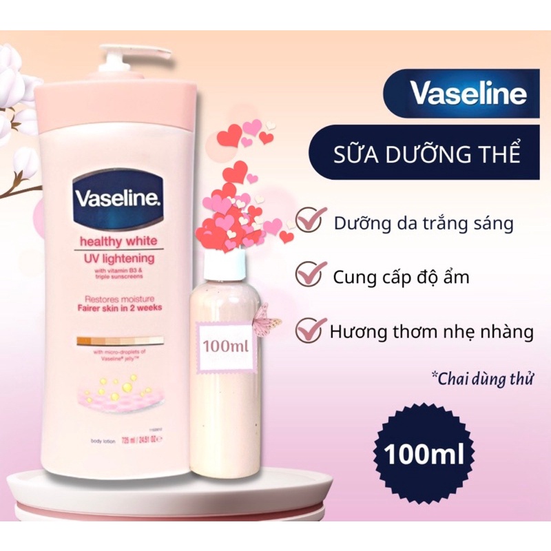 [Chai dùng thử 100ml mẫu cũ vòi trắng] Sữa dưỡng thể Vaseline Healthy White UV Lightening Body Lotion làm trắng da