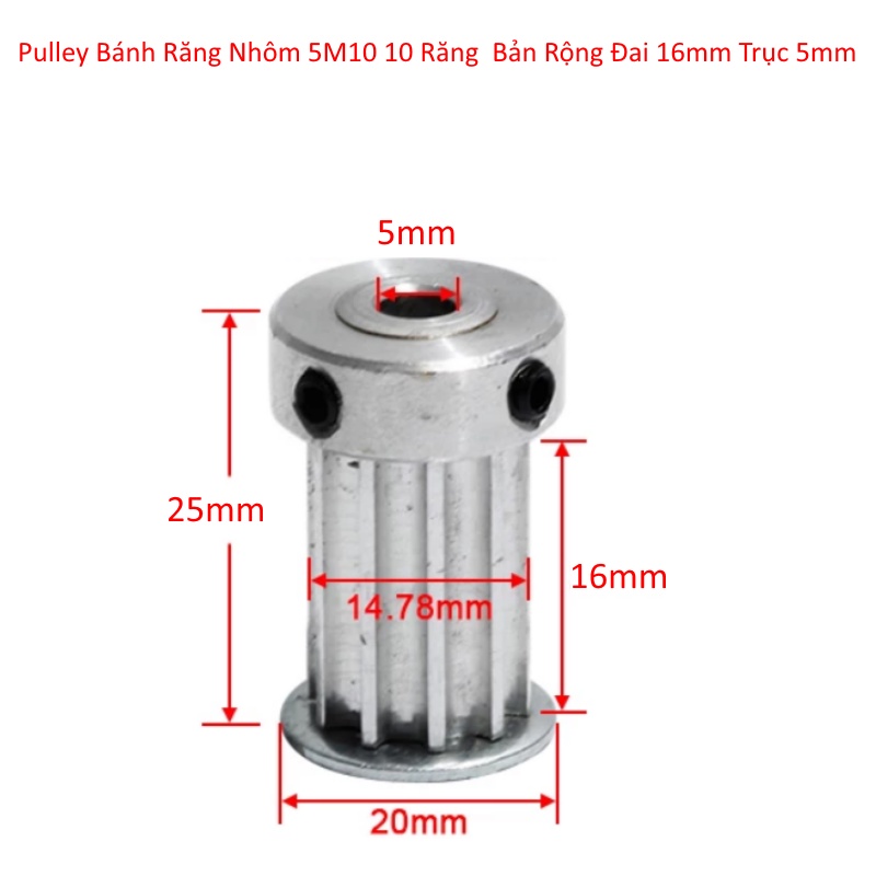 PULLEY BÁNH RĂNG NHÔM 5M10 10 RĂNG BẢN RỘNG ĐAI 16MM TRỤC 5MM