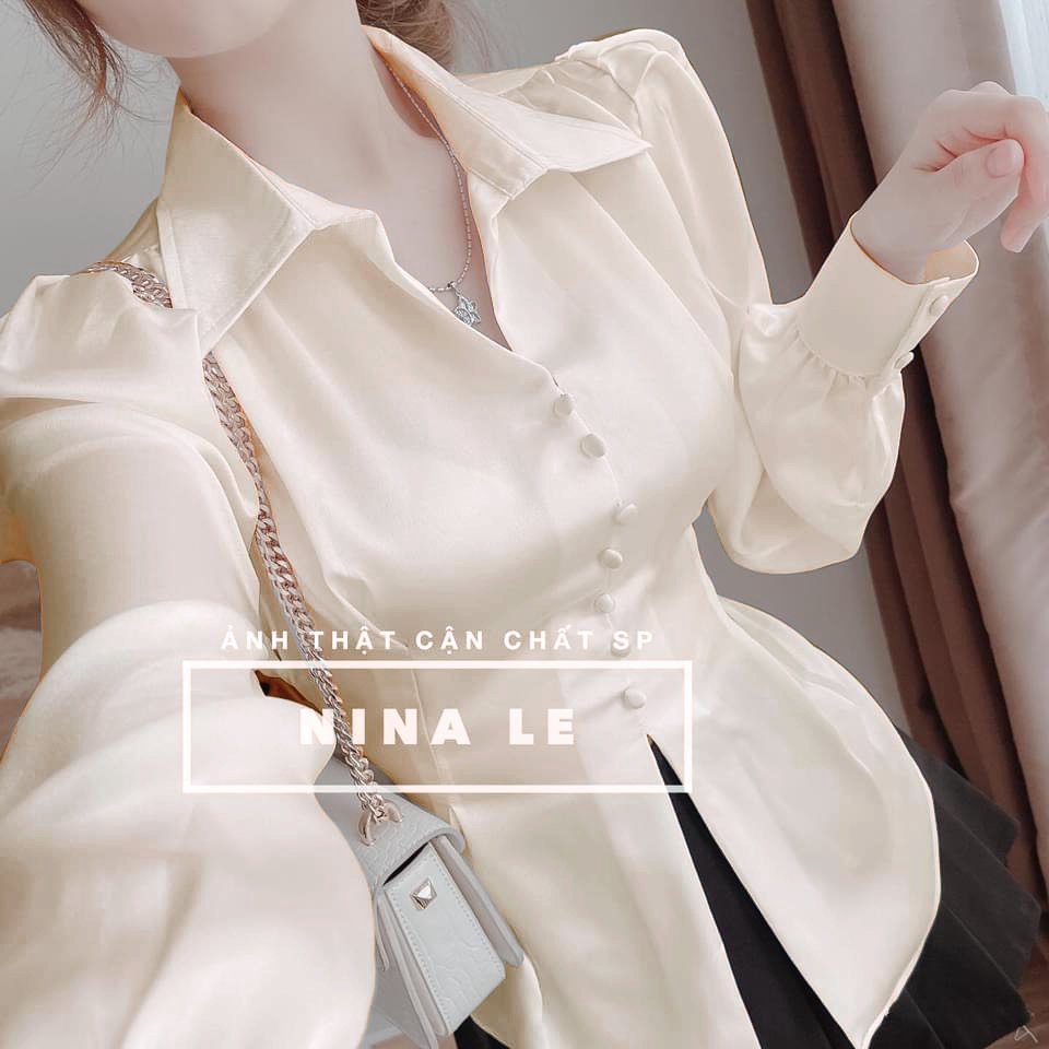 ÁO SƠ MI SATIN SIÊU HOT, ÁO SƠ MI LỤA TAY PHỒNG, ÁO KIỂU SƠ MI XẺ TÀ CỘT NƠ SAU SANG CHẢNH