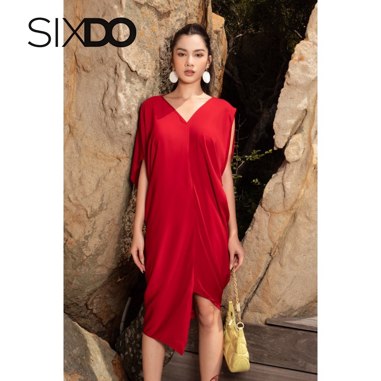 Đầm midi lụa đỏ cổ tim thời trang SIXDO (Drak Red Midi Silk Dress)