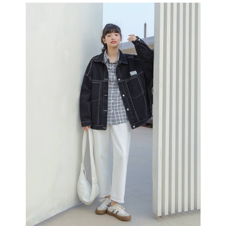 Áo Sơ Mi Bò Ulzzang Dáng Rộng A093 tay dài logo ngực phong cách đường phố, năng động, cá tính