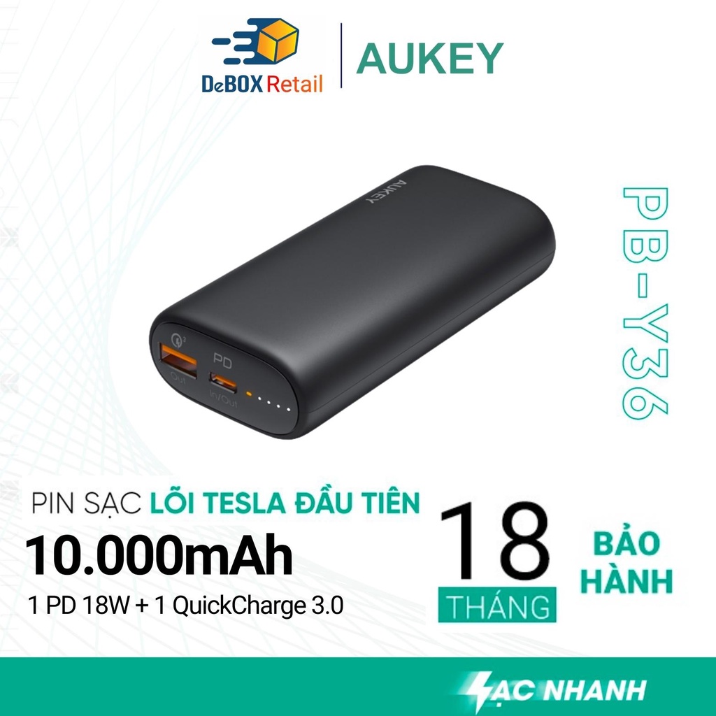 Pin Sạc Dự Phòng AUKEY PB-Y36 10.000mAh Sạc Nhanh PD 18W QC 3.0 nhỏ gọn - Hàng chính hãng BH 18 Tháng