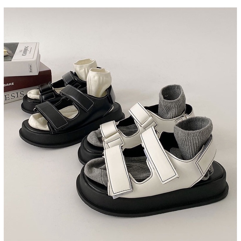 Giày sandal nam nữ hai quai ngang đơn giản cực đẹp chất da PU cao cấp đế cao su cao 5cm phù hợp đi học