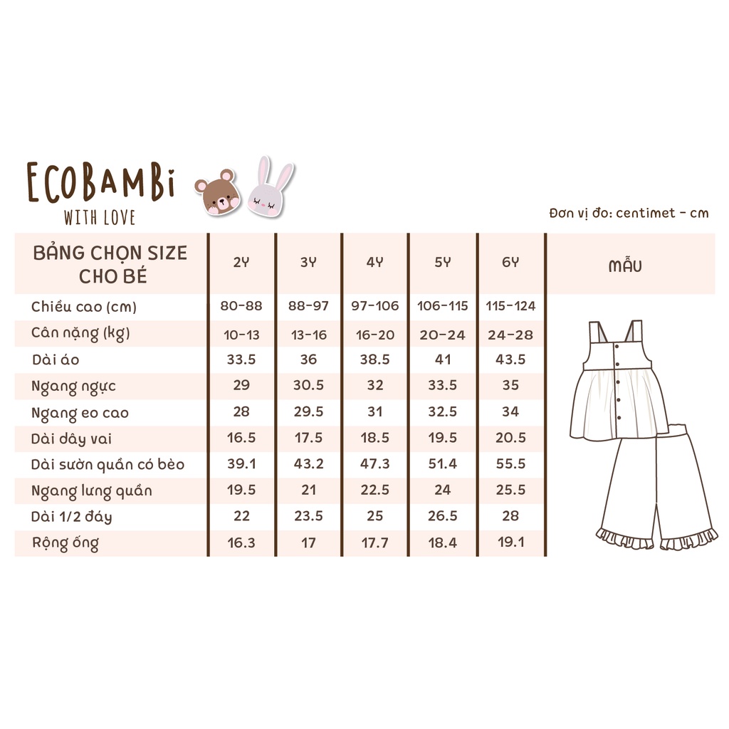 Bộ cotton MUSLIN bé gái sát nách, QUẦN LỬNG in hoạ tiết đáng yêu EcobambiWithLove