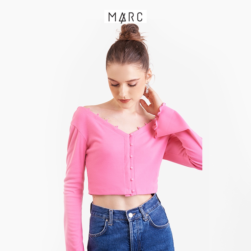 Áo thun gân croptop nữ MARC FASHION tay dài cổ V phối nút trước FAST022623