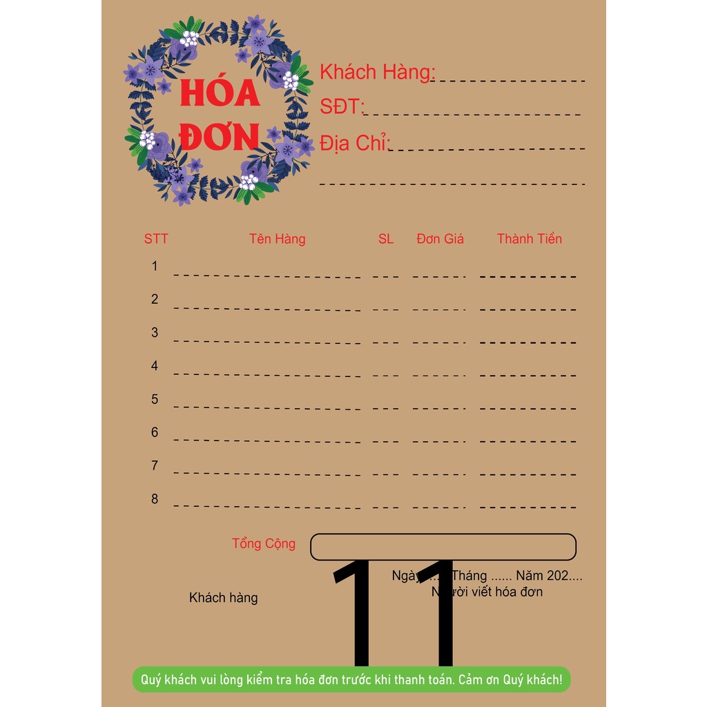 SET 50 TỜ hóa đơn bán hàng nhiều màu sắc siêu xinh kích thước 10 x 14 cm Kraft mẫu 8-21