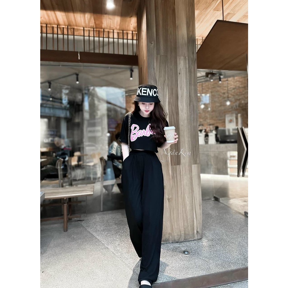 [4.4 Sales Freeship] Set bộ thun thể thao, set áo croptop tay ngắn in chữ babrie  mix quần dài ống suông rộng cá tính