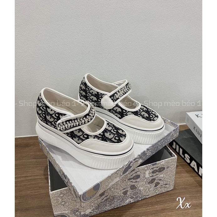 Giày búp bê cd quai ngang thổ cẩm mũi tròn đế cao kẻ viền đen fullhox hàng quảng châu cao cấp