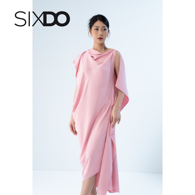 Đầm lụa hồng xẻ tà thời trang SIXDO